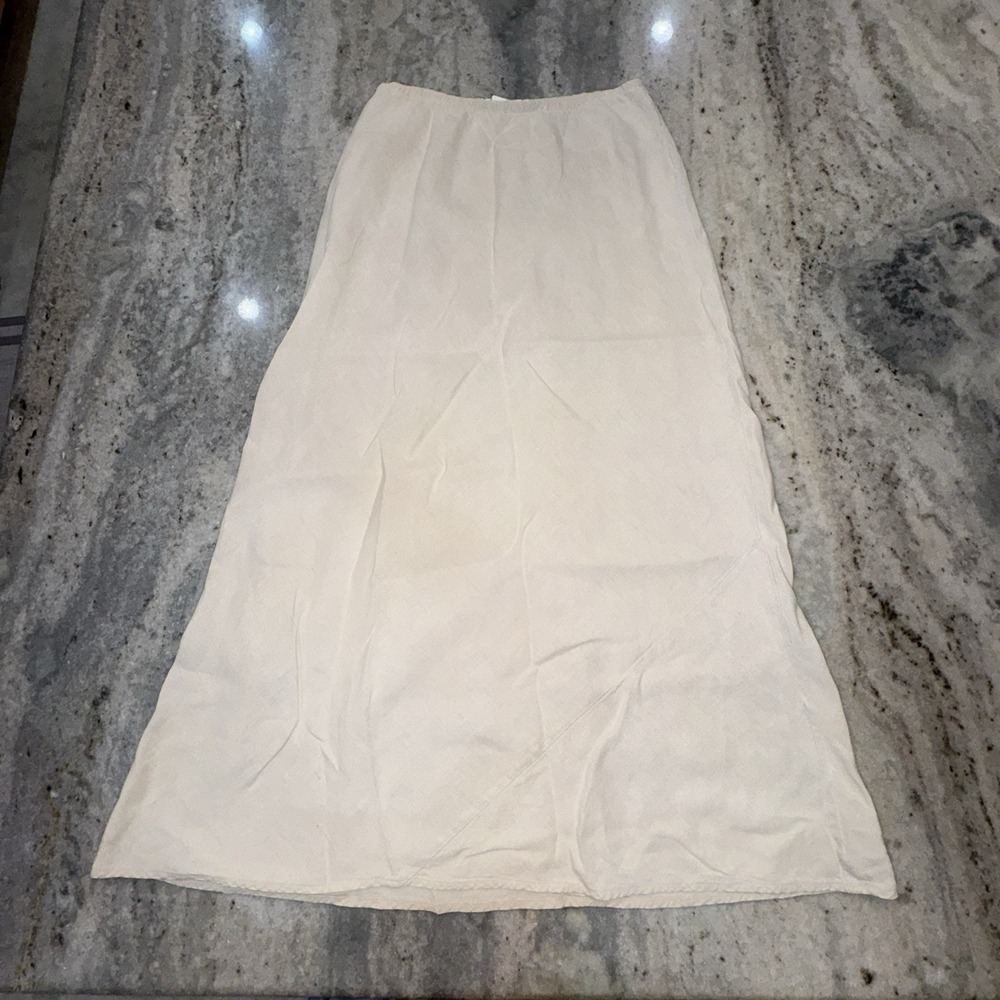 VTG Cut Loose 100% Linen Beige Midi Skirt Flare Women Sz M Minimalist Boho USA